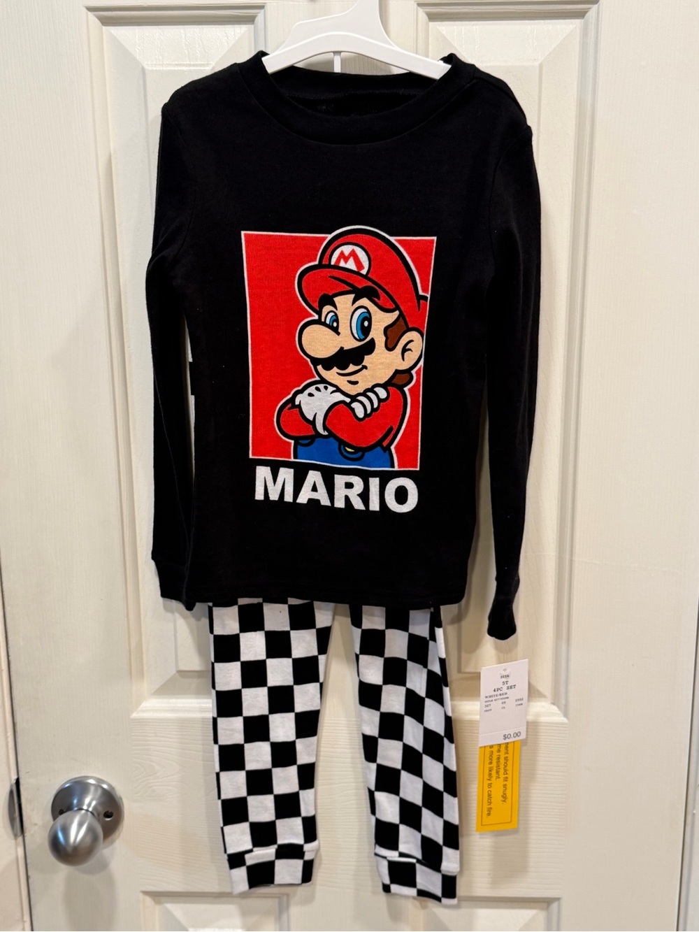 5T Mario Graphic Long Sleeve Top & Checker Pajamas Set - Black & Red